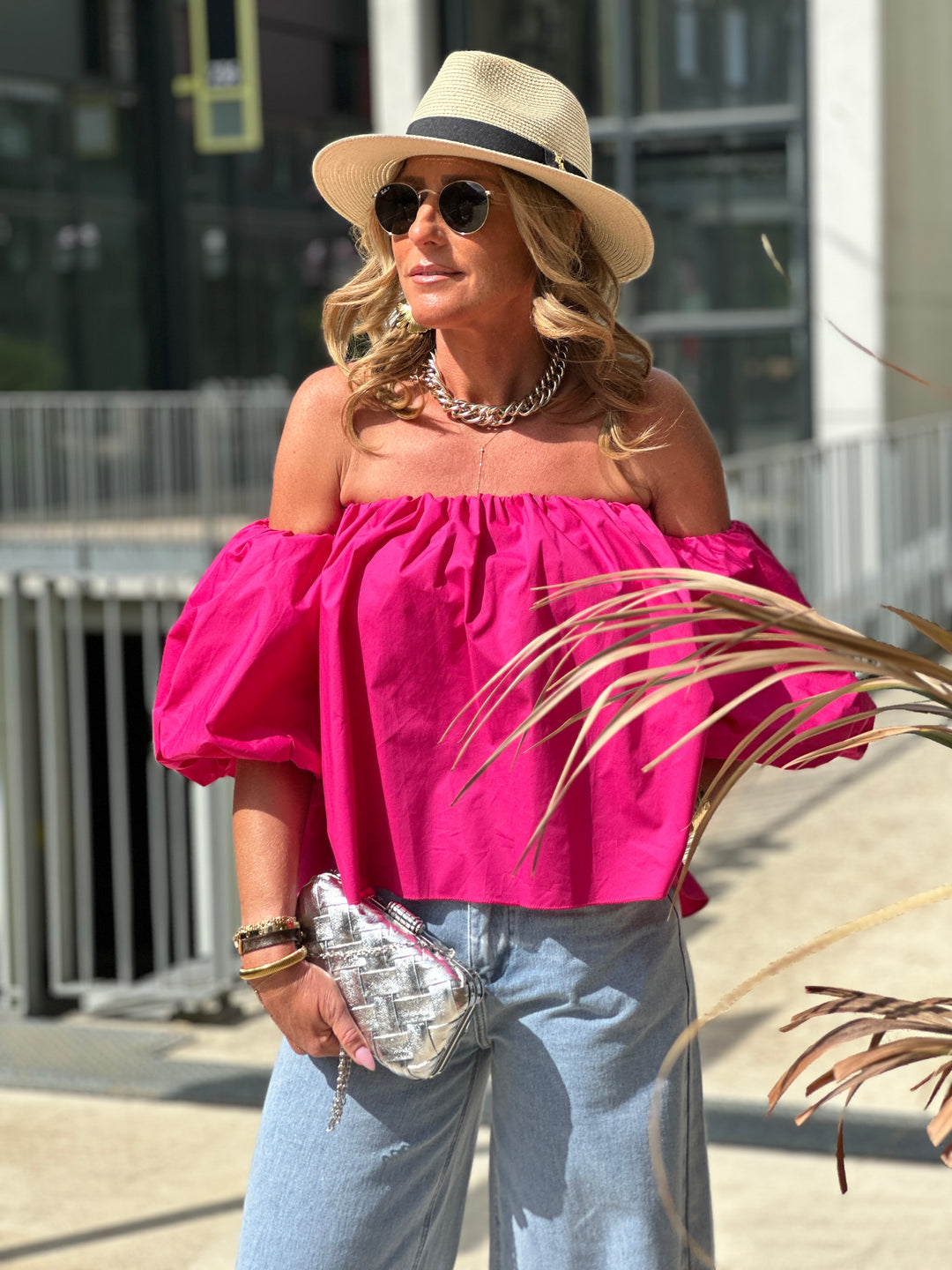 Blouse bustier boufffante manches Fushia