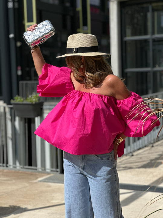 Blouse bustier boufffante manches Fushia