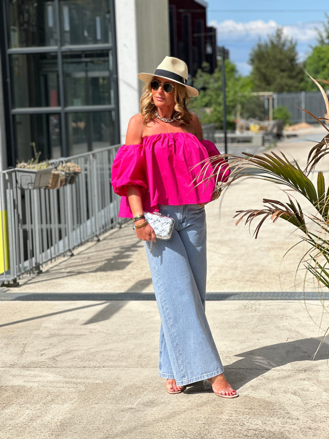 Blouse bustier boufffante manches Fushia
