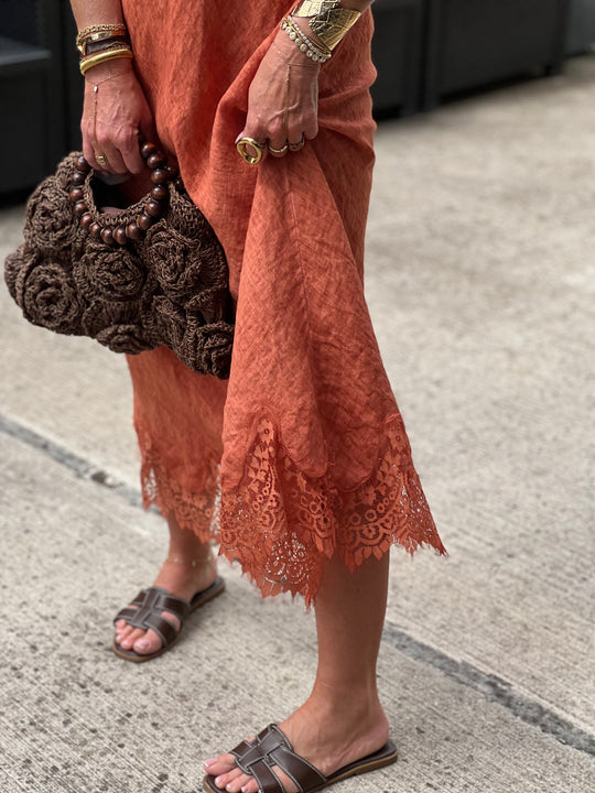 Robe lin aux dentelle 26700 terracotta