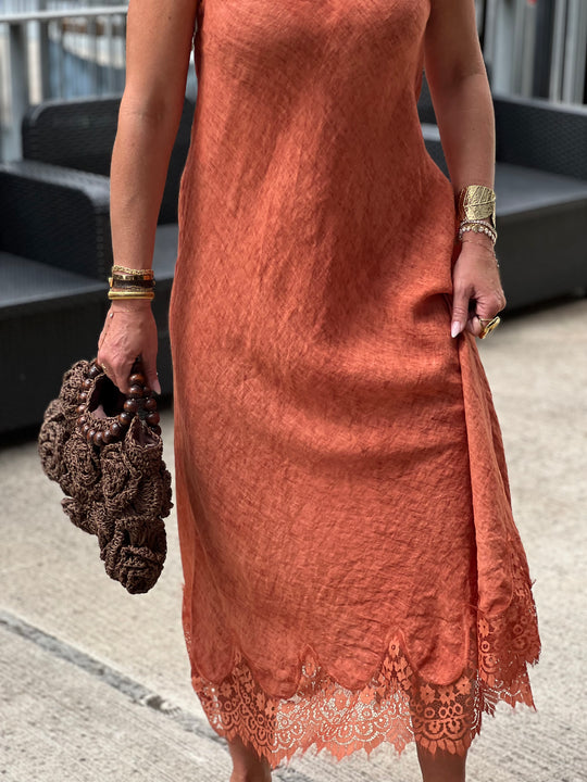 Robe lin aux dentelle 26700 terracotta
