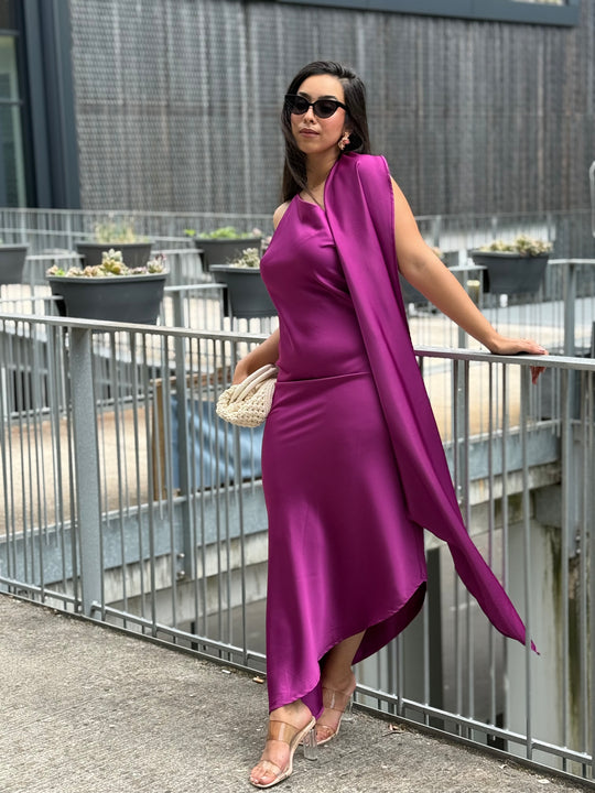 Robe satin drapé d’un côté 9676 violet
