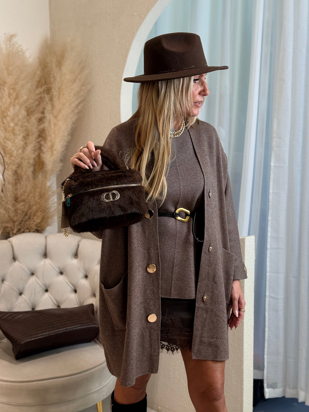 Gilet robe bouton or Taupe 8890