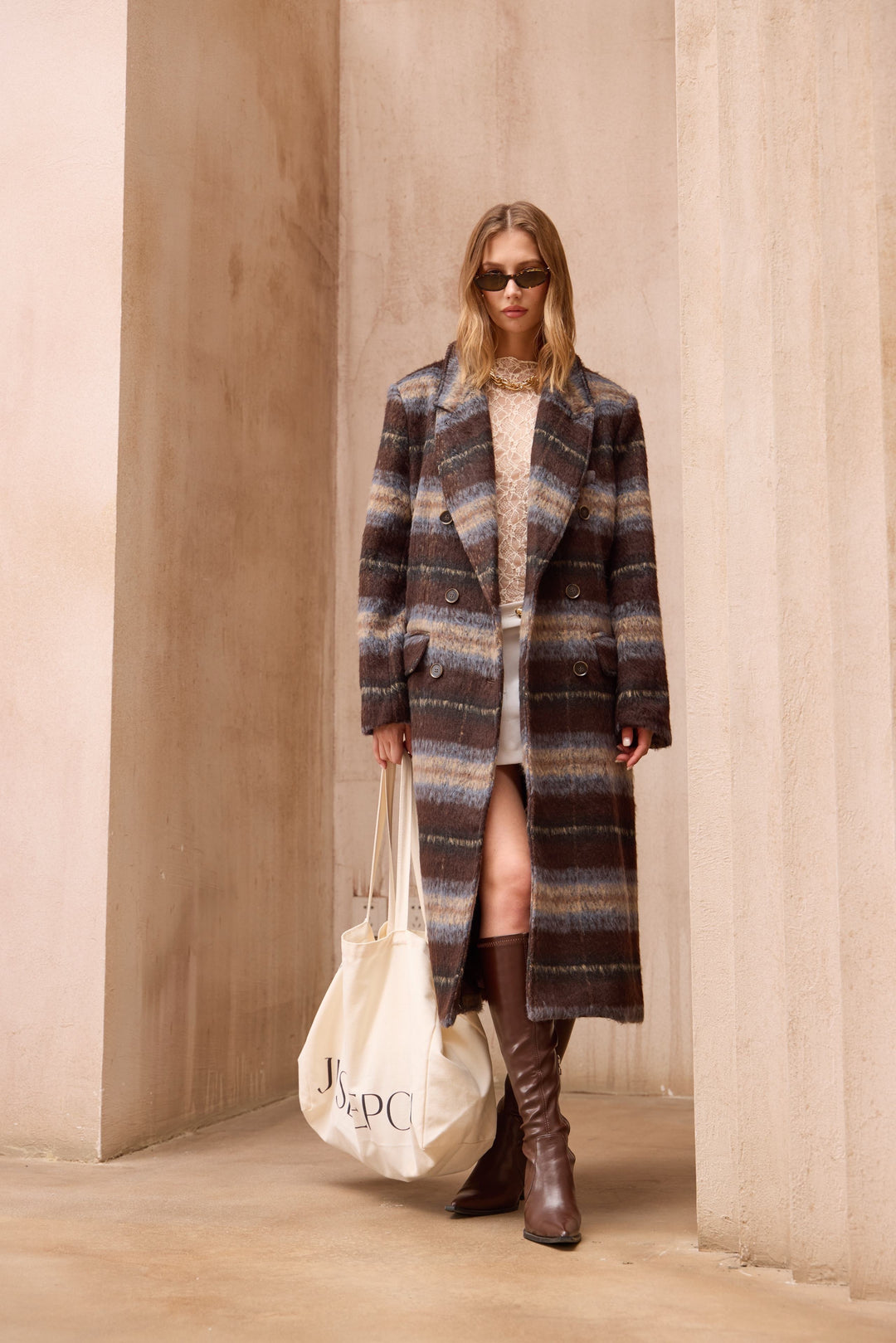 Manteau long carreaux choco W24768