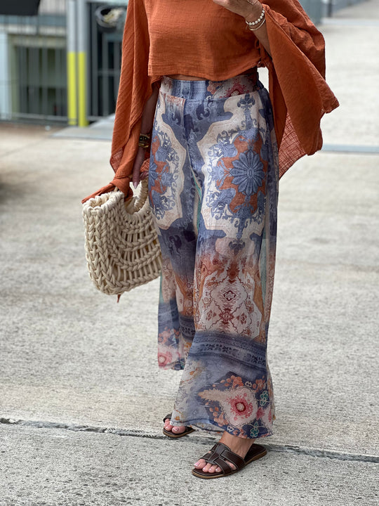 Pantalon tencel imprimé bleu