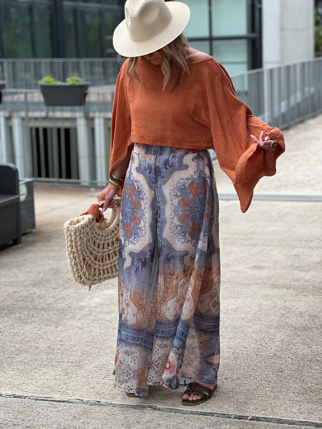 Pantalon tencel imprimé bleu