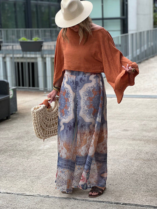 Pantalon tencel imprimé bleu