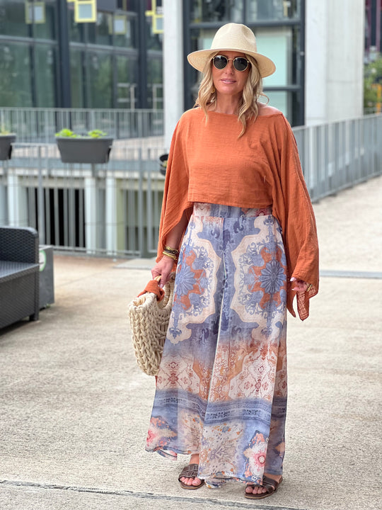 Pantalon tencel imprimé bleu