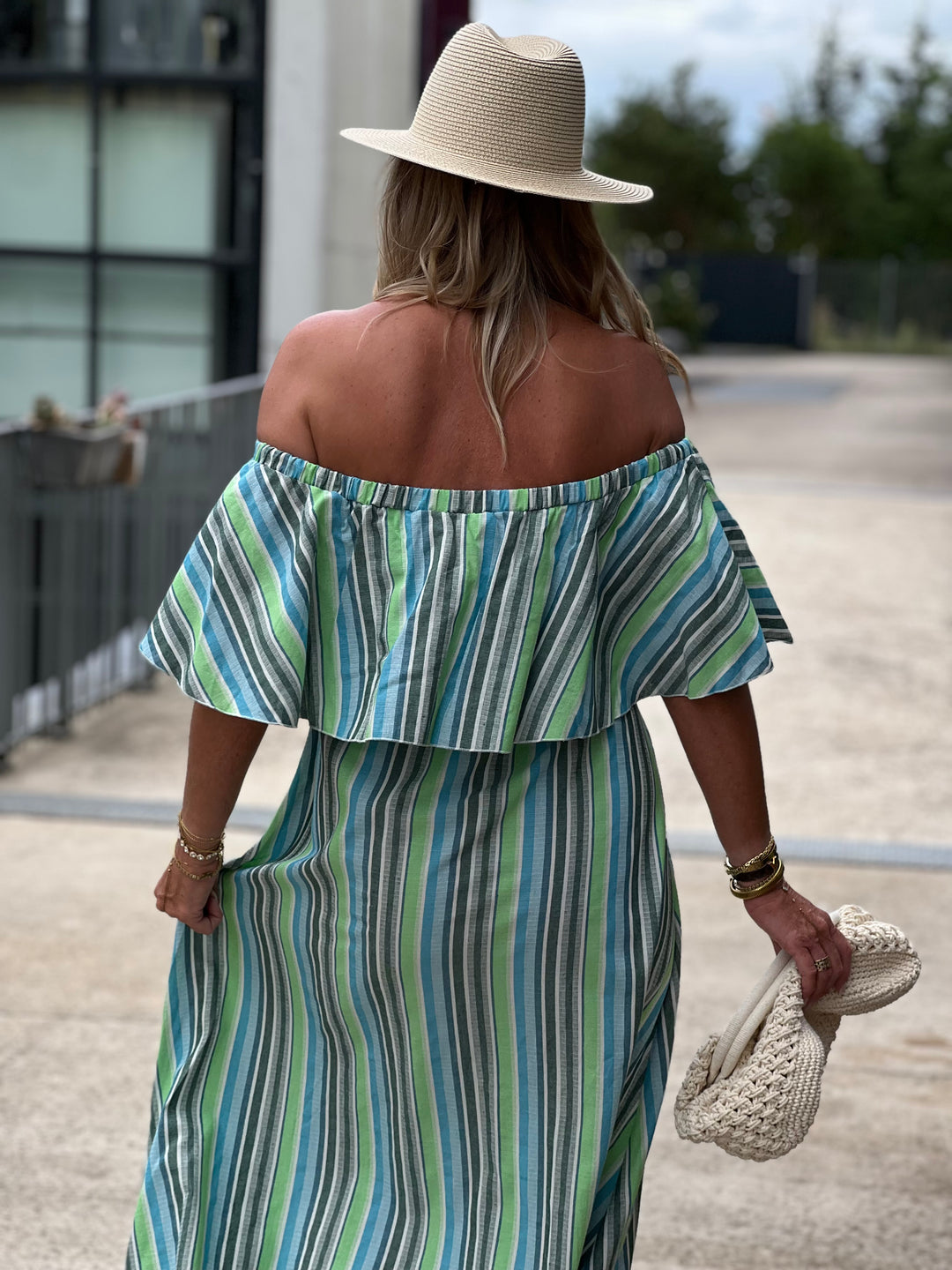 Robe Rayure col volant Vert 06248