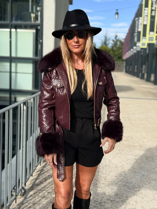 Veste similicuir matelassé fourrure bordeaux 70805