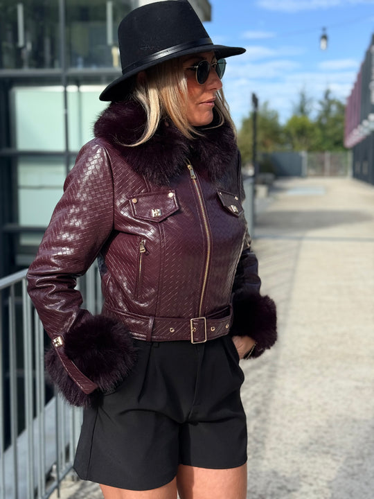 Veste similicuir matelassé fourrure bordeaux 70805