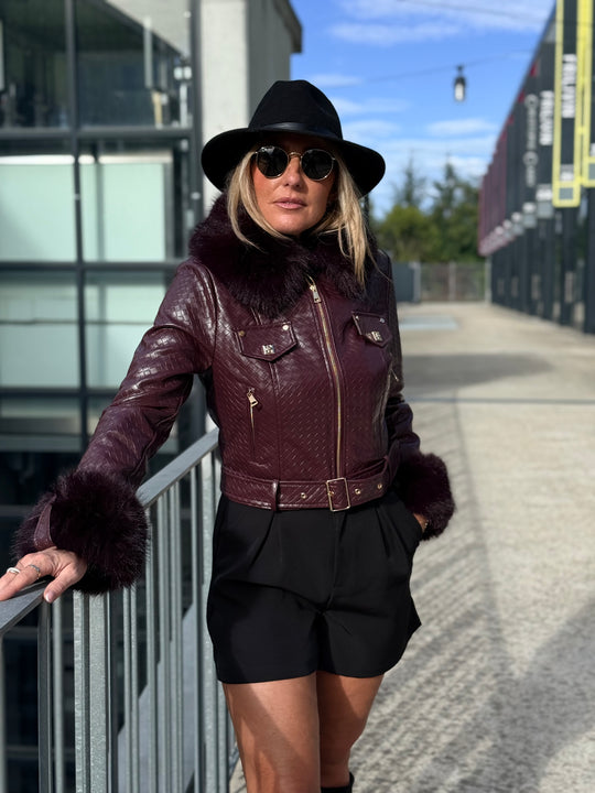 Veste similicuir matelassé fourrure bordeaux 70805
