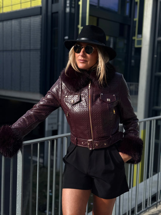 Veste similicuir matelassé fourrure bordeaux 70805