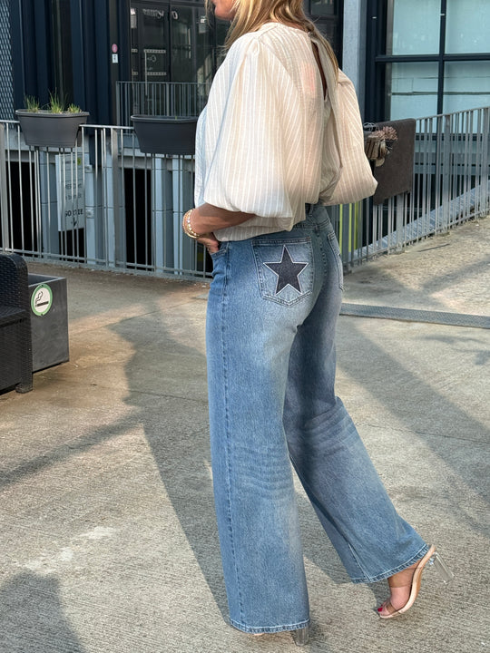 Jean Wide Leg Étoiles Brodées HU0017