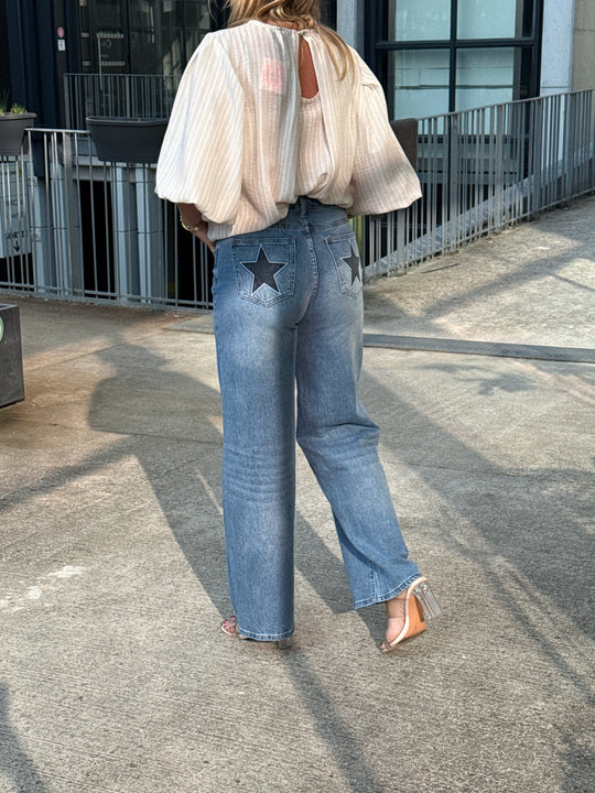 Jean Wide Leg Étoiles Brodées HU0017
