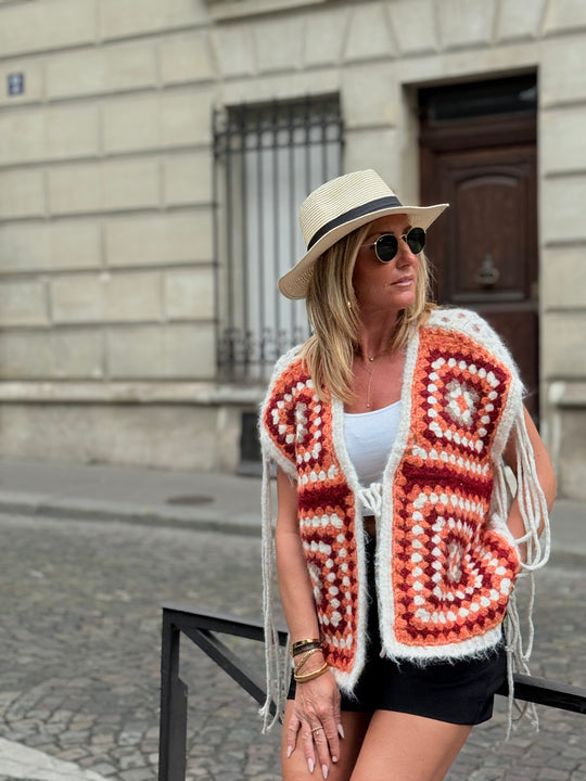 Gilet maille crochet orange 1070
