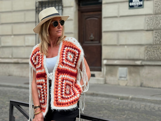 Gilet maille crochet orange 1070