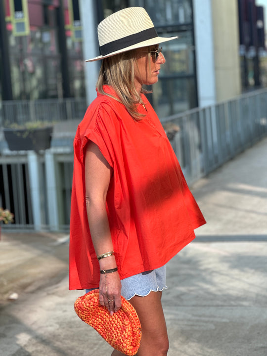 Blouse volant col V orange