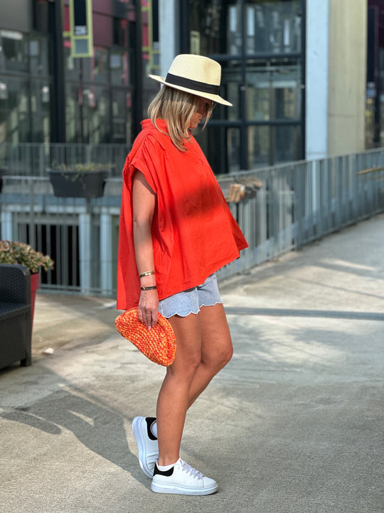 Blouse volant col V orange