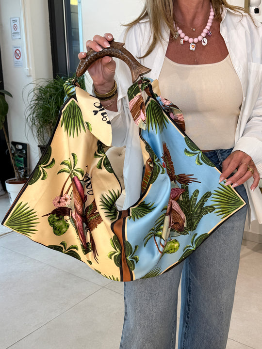 Sac satin fleuri palmier bleu (grande)
