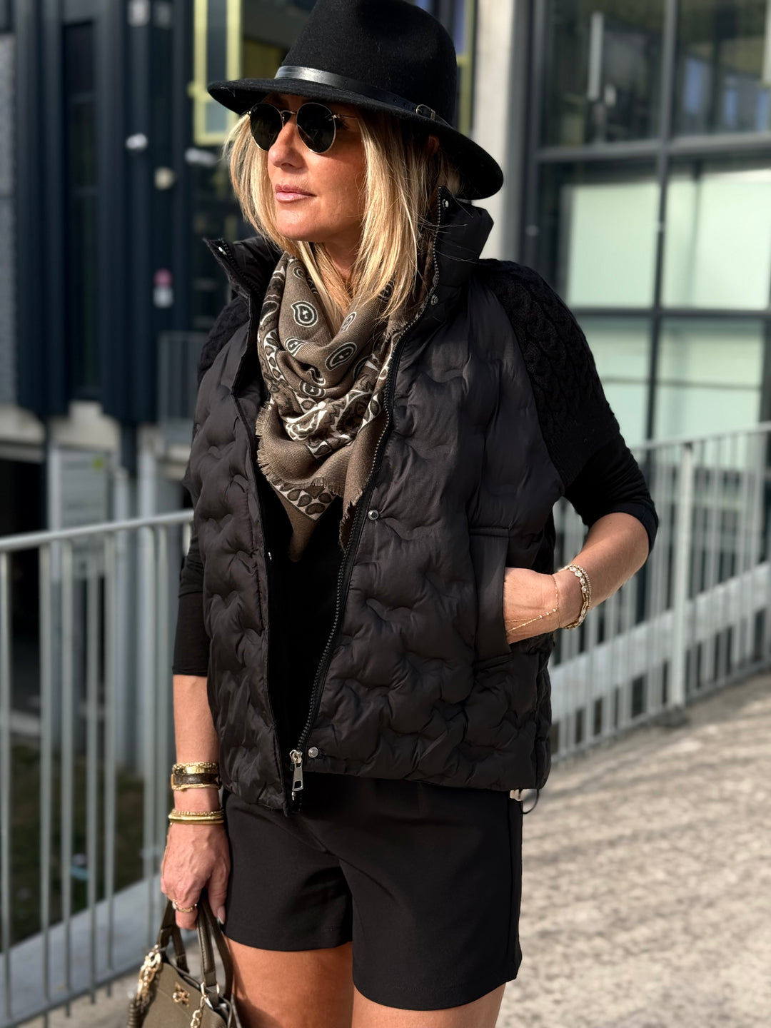 Doudoune matelassé manches courts tricoté 822 Noir