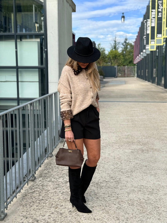 Pull gilet manchettes fourrure Bambi taupe YP2191