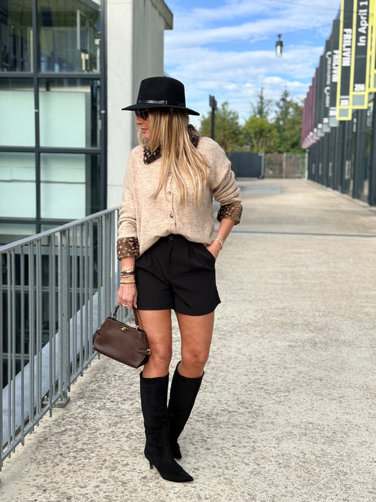 Pull gilet manchettes fourrure Bambi taupe YP2191