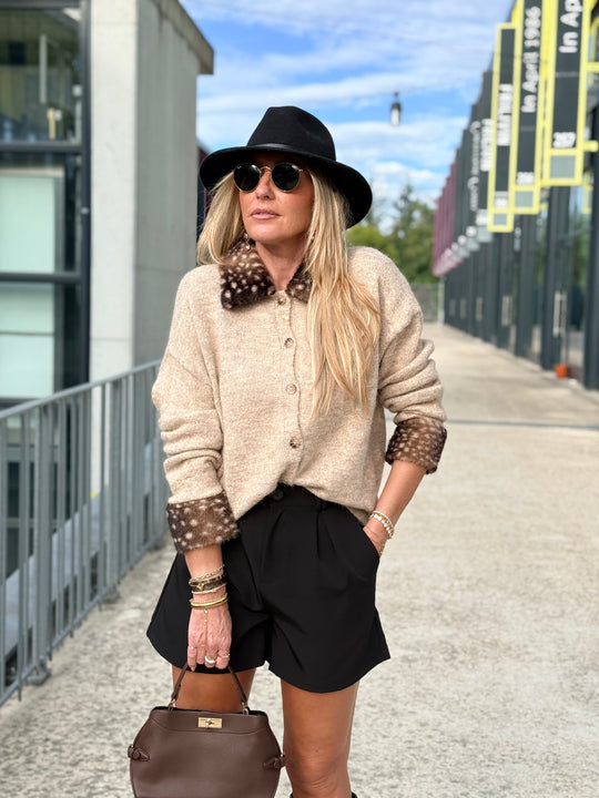 Pull gilet manchettes fourrure Bambi taupe YP2191