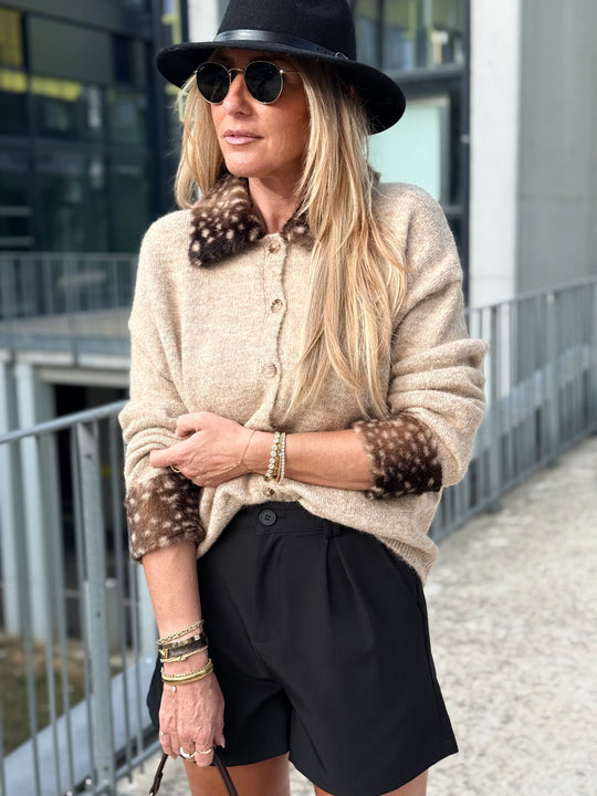 Pull gilet manchettes fourrure Bambi taupe YP2191