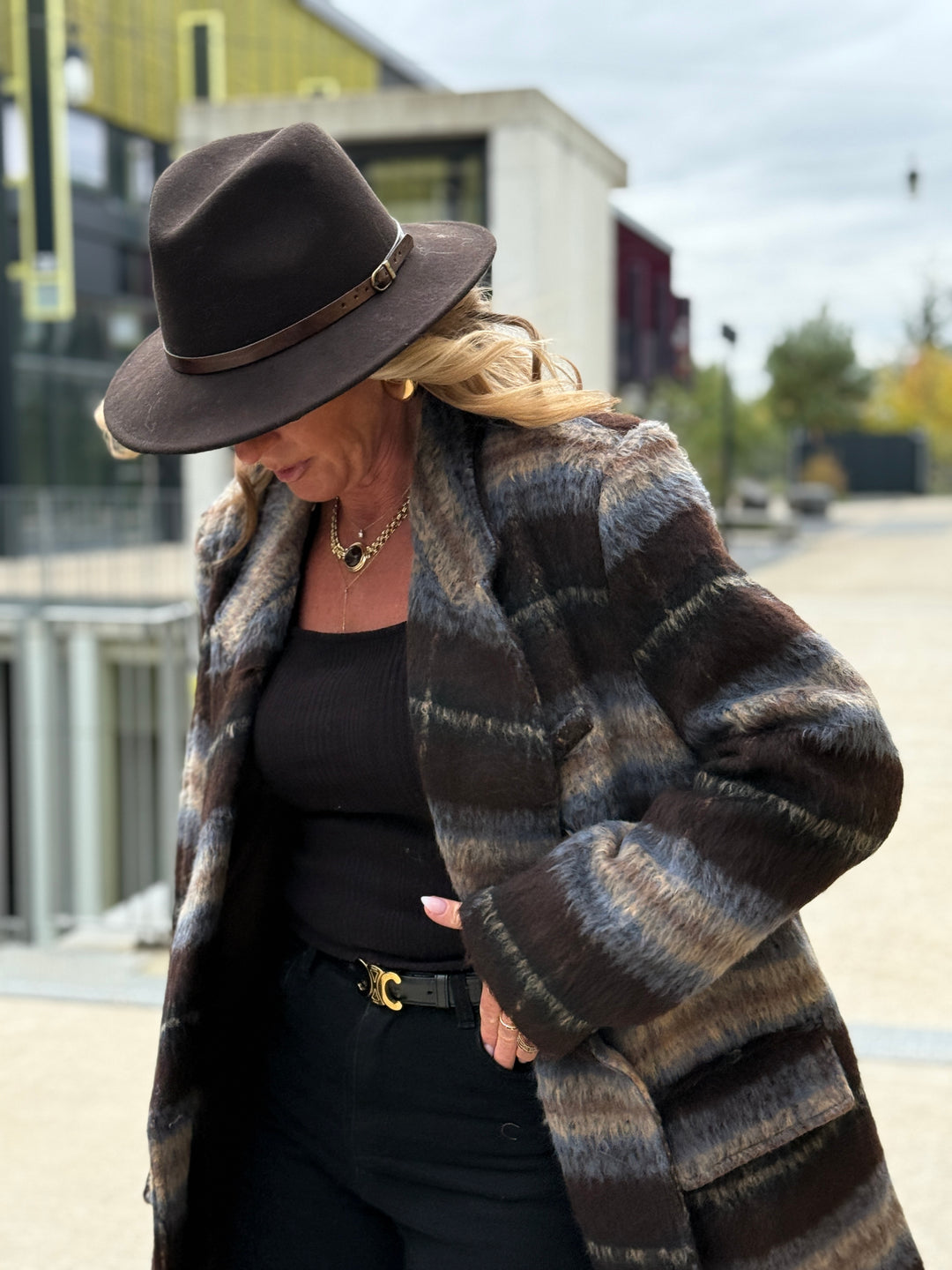 Manteau long carreaux choco W24768