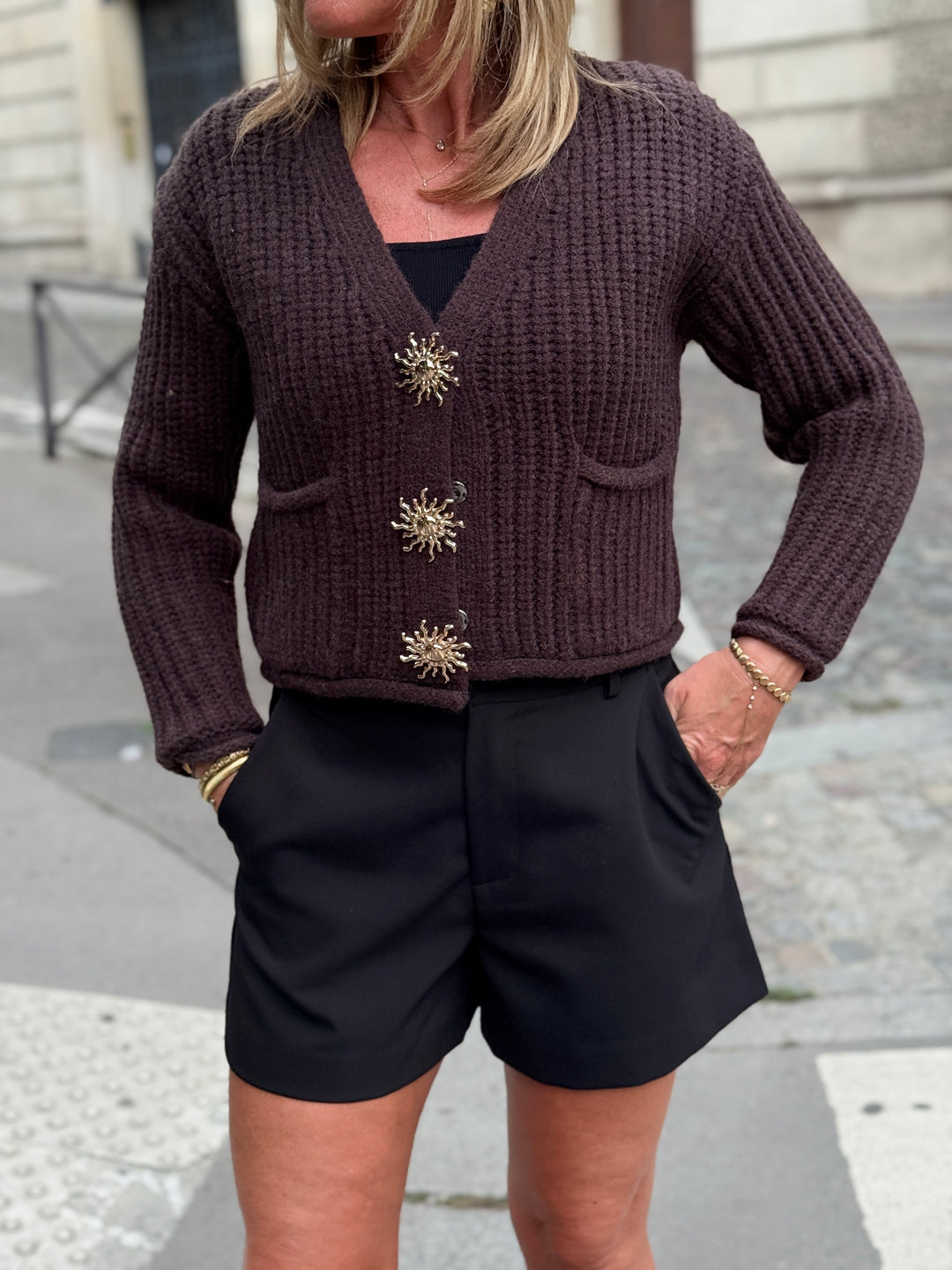 Gilet gros maille bouton soleil 1021 choco