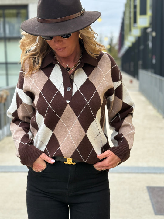 Pull arlequin manches longues choco/ taupe 1891