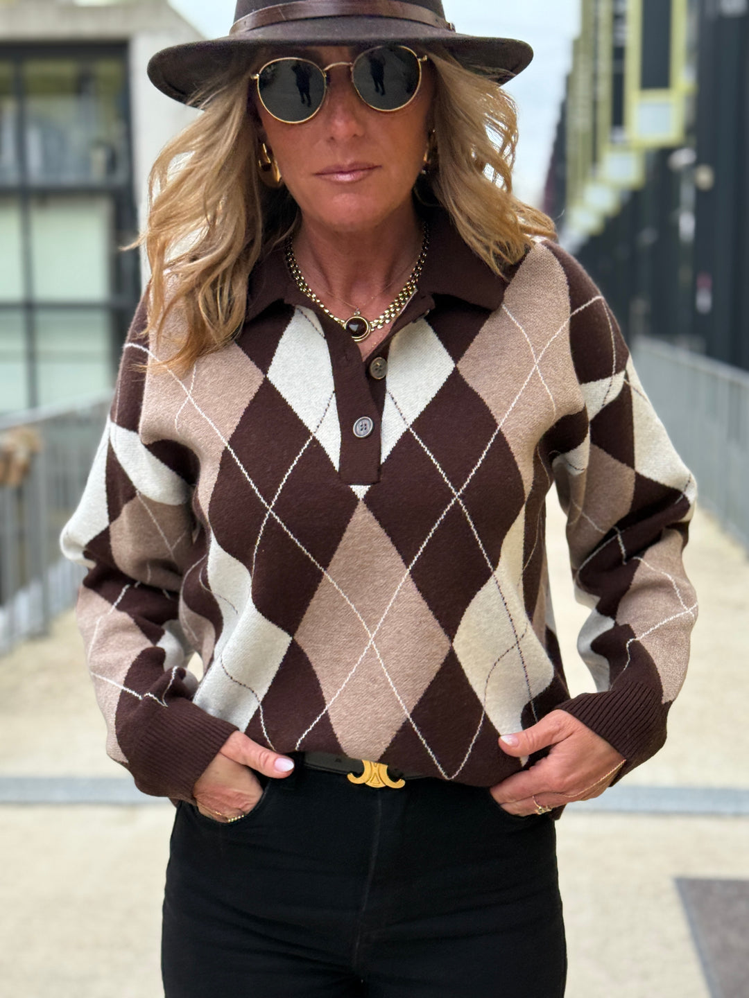 Pull arlequin manches longues choco/ taupe 1891