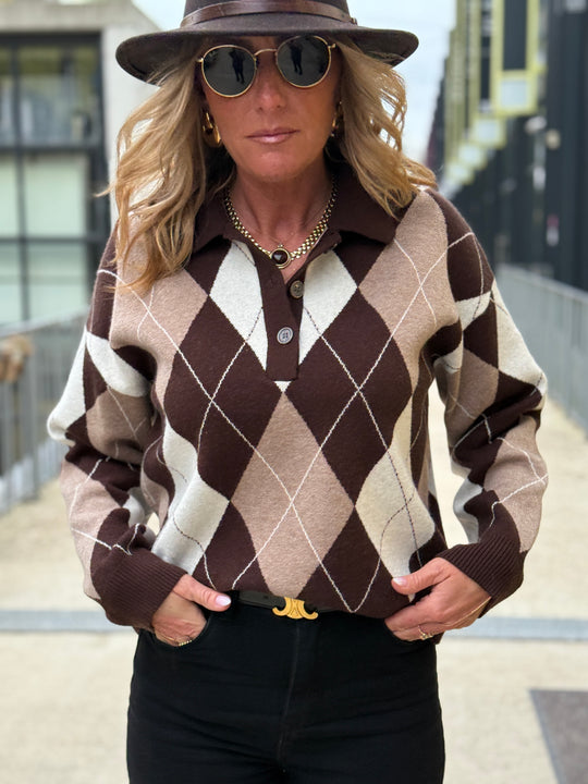 Pull arlequin manches longues choco/ taupe 1891