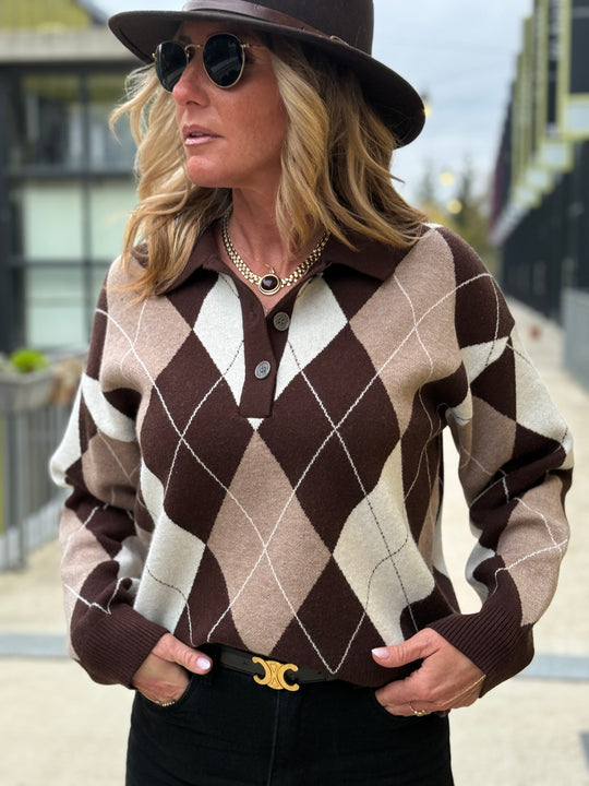 Pull arlequin manches longues choco/ taupe 1891