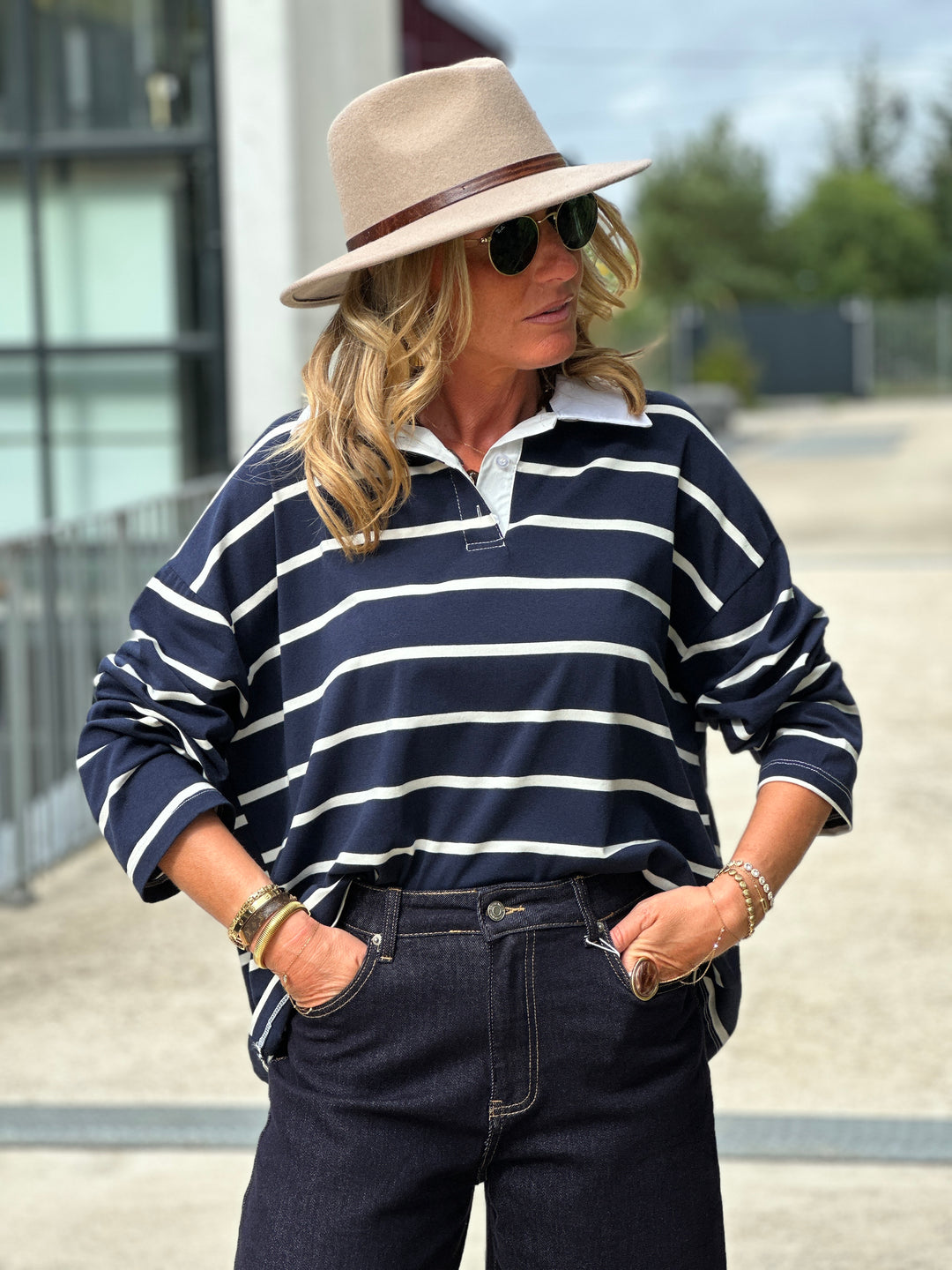 Pull bleu marine rayé col chemise 13310