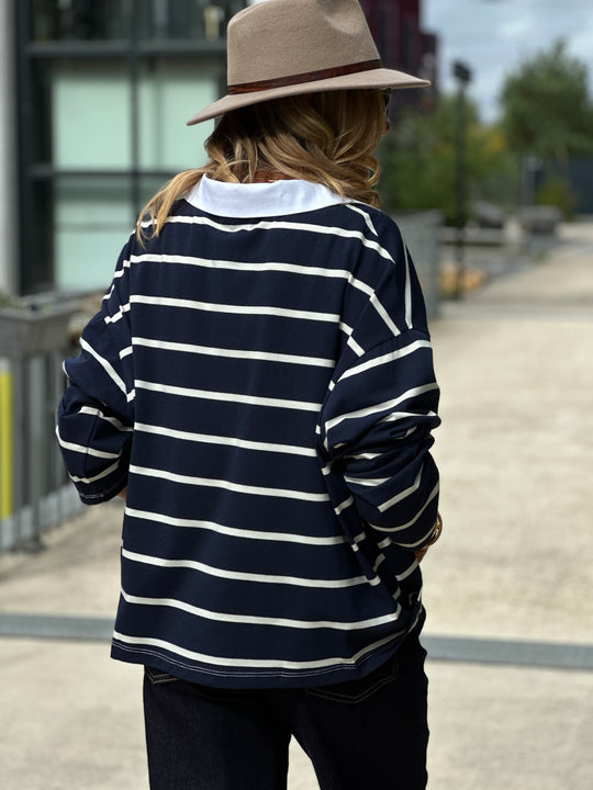 Pull bleu marine rayé col chemise 13310