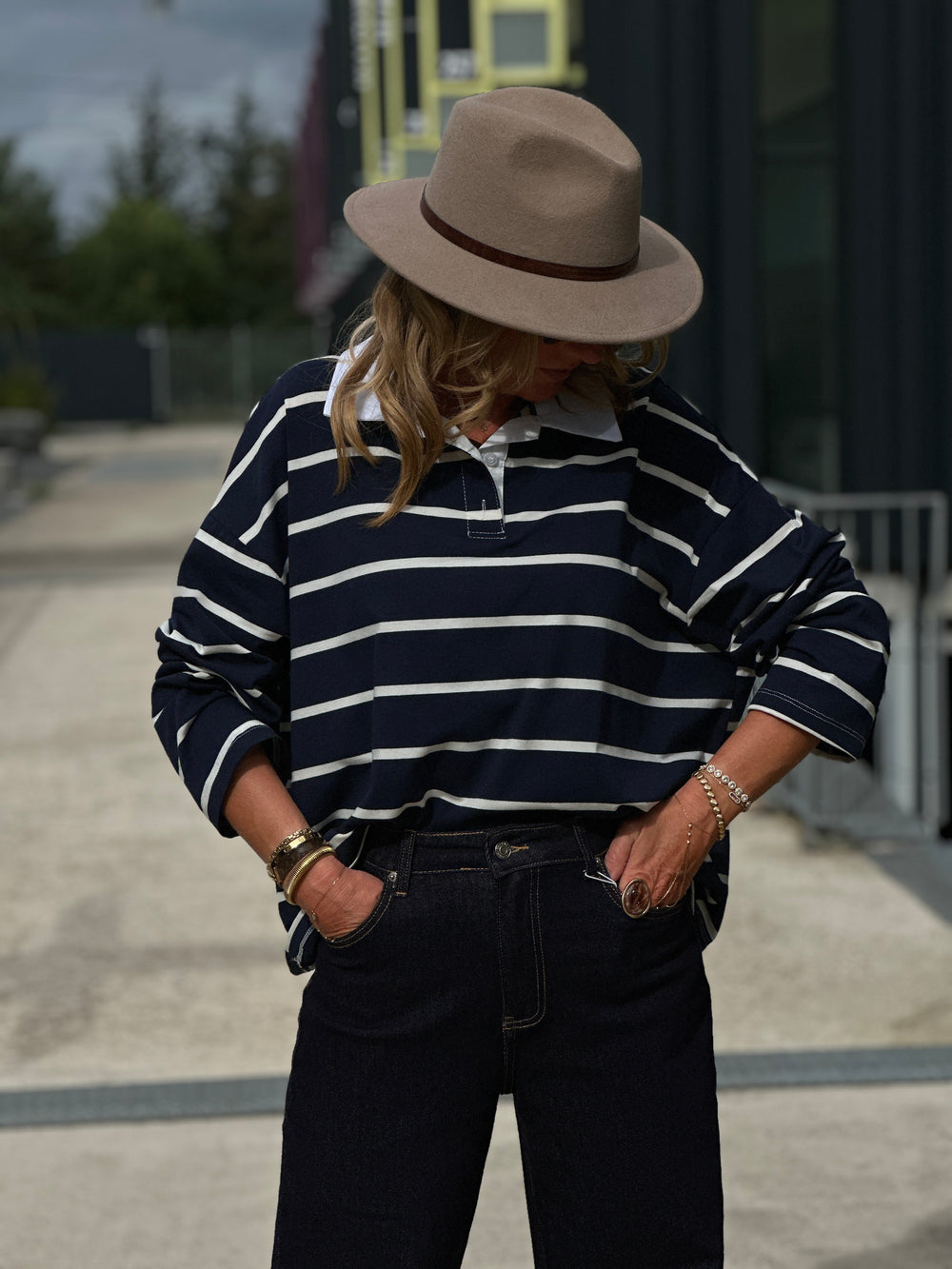 Pull bleu marine rayé col chemise 13310