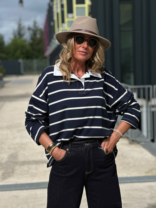 Pull bleu marine rayé col chemise 13310