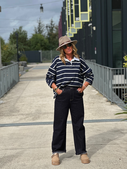 Pull bleu marine rayé col chemise 13310