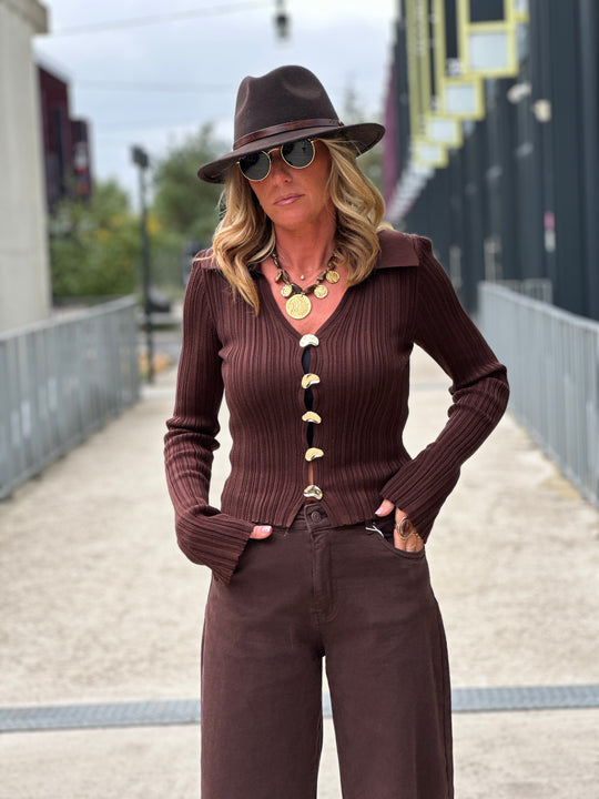 Gilet manches longues boutons asymétrique or Choco 6858