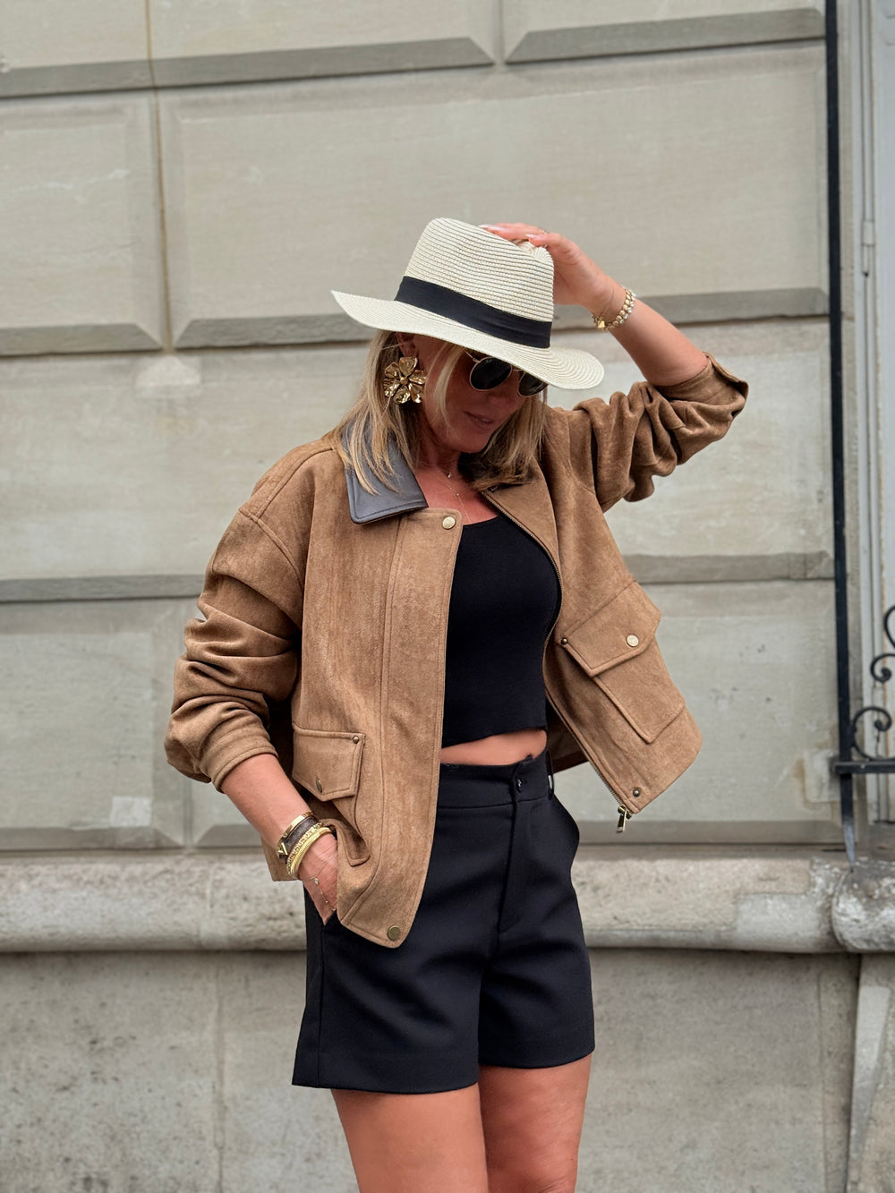 Veste effet daim col simili cuir Camel