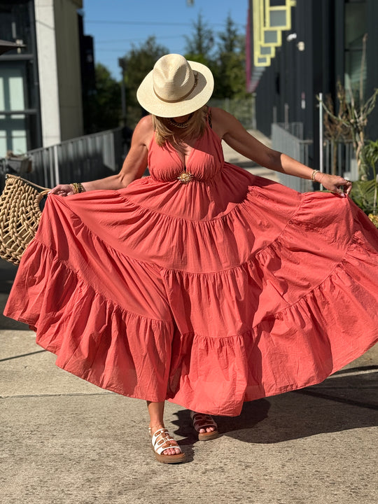 Robe Maxi col V soleil saumon 6686