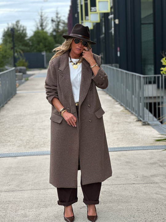 Manteau long taupe/choco boutons 24768
