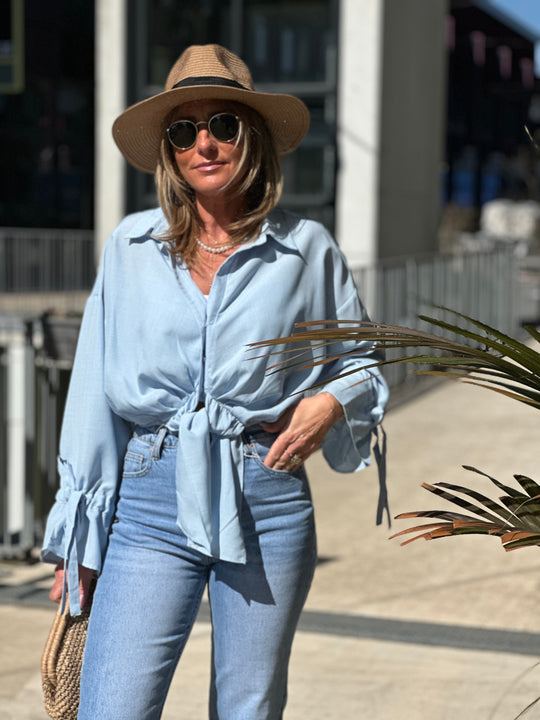 CHEMISIER CROP attachée Bleu 0289