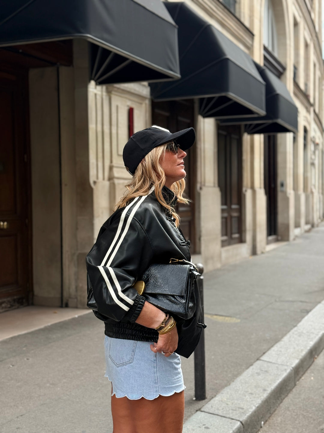 Bomber similicuir manches bandes Noir 139007