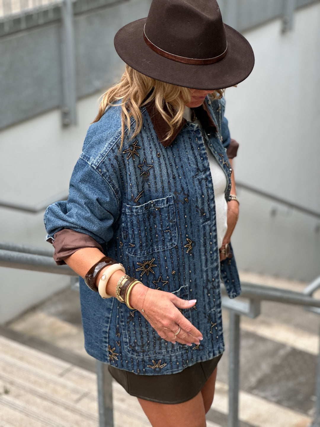 Veste jean épais strass étoiles V8606