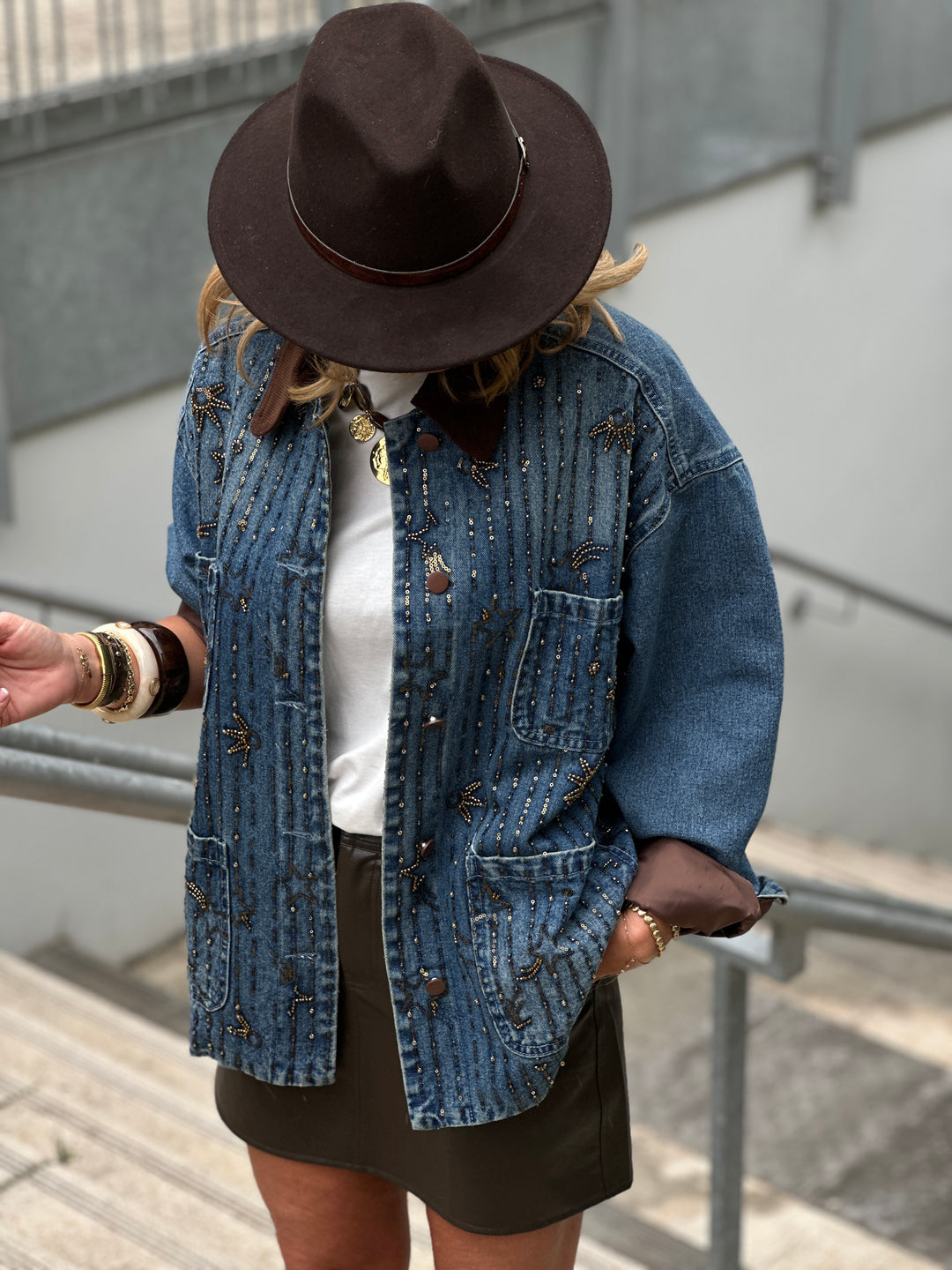 Veste jean épais strass étoiles V8606