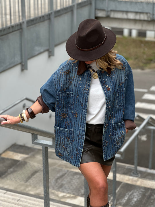 Veste jean épais strass étoiles V8606