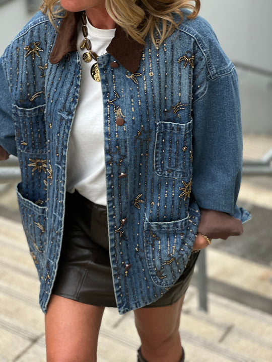 Veste jean épais strass étoiles V8606